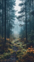 Fototapeta premium A serene forest path shrouded in mist, surrounded by towering trees and vibrant undergrowth, creating a tranquil natural escape.