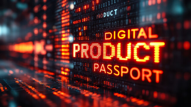 Binary Code Streams Shaping Digital Product Passport text with Dynamic Tech Elements