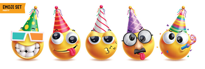 Birthday emoji vector characters set. Happy birthday emojis wearing colorful party hat with funny, cool, singing, mischievous, adult and blowing balloon clipart facial expressions. Vector illustration