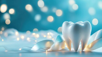Glossy white tooth resting on a soft surface with shimmering lights in the background, symbolizing the importance of oral care and fresh breath.
