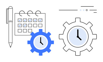 Pen next to checked calendar, two clock gears with time symbols and abstract lines. Ideal for business planning, productivity tools, project management, time-tracking, organization, scheduling