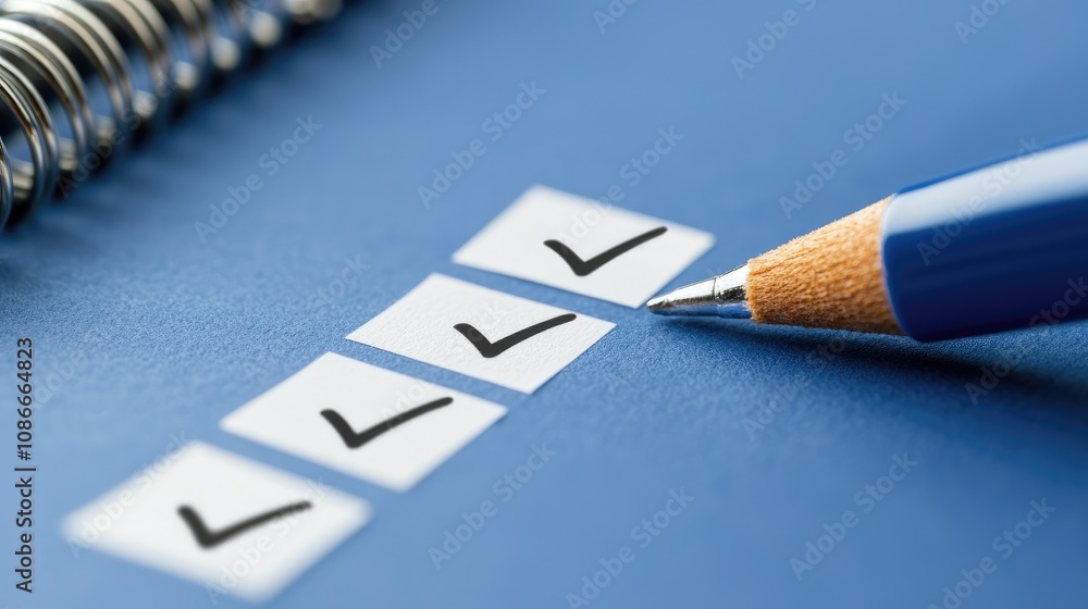 Poster close-up of blue background with checklist items and pencil, illustrating organization and task acco