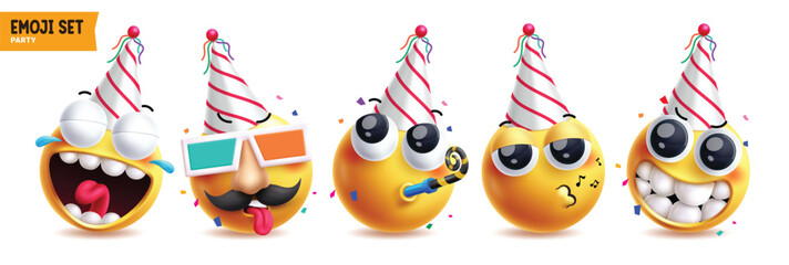 Emoji birthday vector characters set. Birthday emojis character wearing red and white party hat clip art costume in goofy, mischievous, cool, blowing, singing and funny icon elements. Vector 