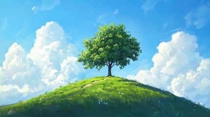 Fototapeta premium Majestic solitary tree flourishing atop a vibrant green hill against a clear blue sky with fluffy white clouds.