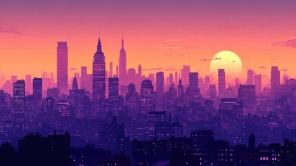 Fototapeta premium Panoramic view of a city skyline at twilight with vibrant purple and orange hues, highlighting iconic skyscrapers against a setting sun.