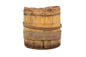 Obraz premium A wooden barrel or part of a barrel, held together with metal hoops. The surface of the wood appears worn and cracked, indicating its age or heavy use. The metal hoops are covered in rust, which adds 