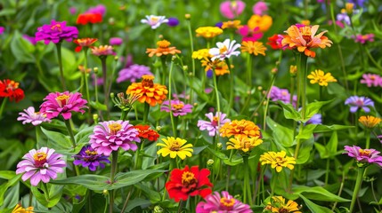 Obraz premium Colorful zinnias in a cottage garden