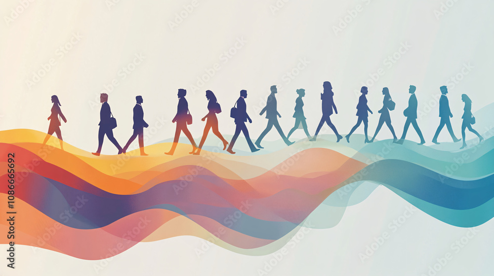 Poster employees arranged in a flowing wave of geometric shapes, representing team dynamics and creative sy