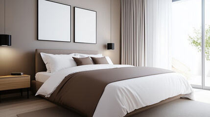Contemporary Cozy Bedroom in Pastel Brown with a Large Double Bed