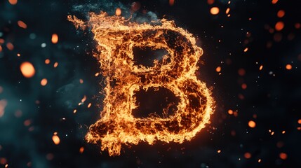 Flaming letter B illuminated by fiery flames and glowing embers, set against a dark background, creating a dramatic visual effect.