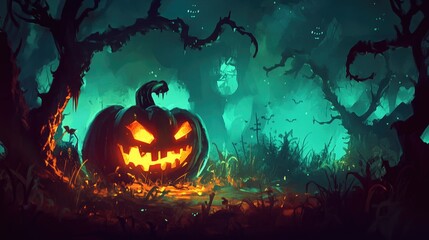 Naklejka premium Eerie Halloween scene featuring a glowing sinister pumpkin surrounded by twisted trees and a misty forest ambiance, ideal for themed illustrations and decorations.