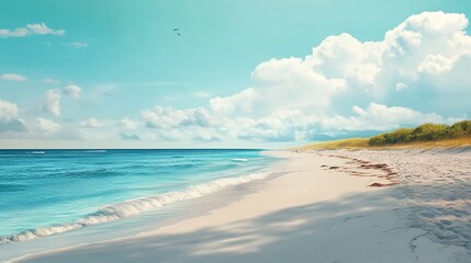 Fototapeta premium Beautiful white sandy beach and calm blue sea with bright blue sky as the backdrop. A great summer vacation spot