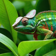 Fototapeta premium A vibrant green chameleon perched on a branch, its body blending seamlessly