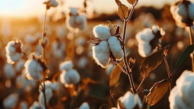 Ripe cotton bolls burst forth from their plants, bathed in the warm glow of the setting sun