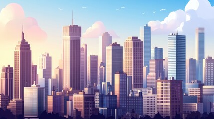 Dynamic city skyline featuring towering skyscrapers bathed in warm sunset light, representing thriving business opportunities and urban growth.