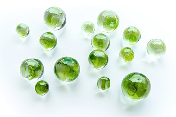 Light green shiny water bubbles isolated over a white background.