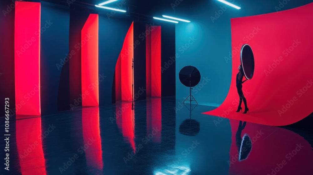 Poster a modern studio setup with vibrant red backdrops and dramatic lighting for photography.