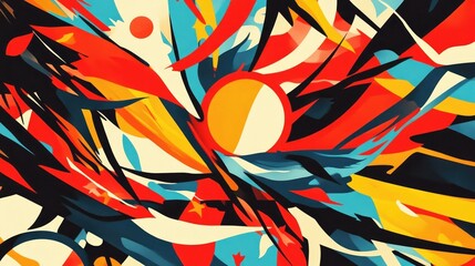 Colorful abstract design featuring swirling shapes and vivid colors reminiscent of national flags, symbolizing unity and collaboration among nations.