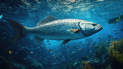 Naklejka premium Tarpon Fish Swimming Through a Coral Reef
