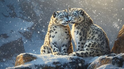 Obraz premium Two Snow Leopards Snuggling in a Snowy Mountain