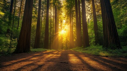 Fototapeta premium A serene path through towering trees, illuminated by golden sunlight, creating a magical and peaceful forest atmosphere.