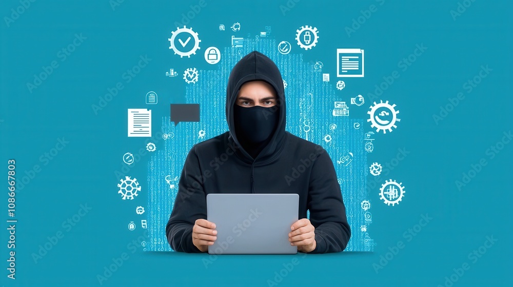 Poster hooded hacker with laptop plotting cyber attack on digital icons
