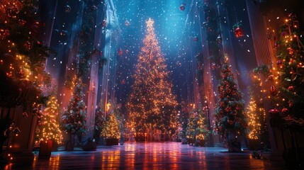 Fototapeta premium Festively Decorated Grand Hall Featuring a Majestic Christmas Tree Surrounded by Gleaming Ornaments and Lush Greenery Under Sparkling Lights