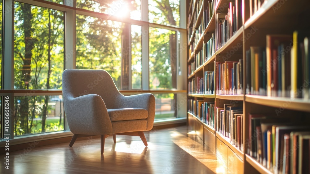 Poster A cozy reading nook in a library with sunlight streaming through large windows.
