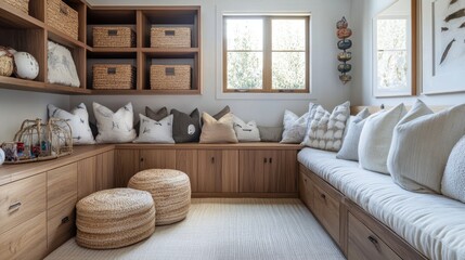 Obraz premium A modern family room with a polished wooden cabinet, rattan baskets for toys, and cozy throw pillows in the corner