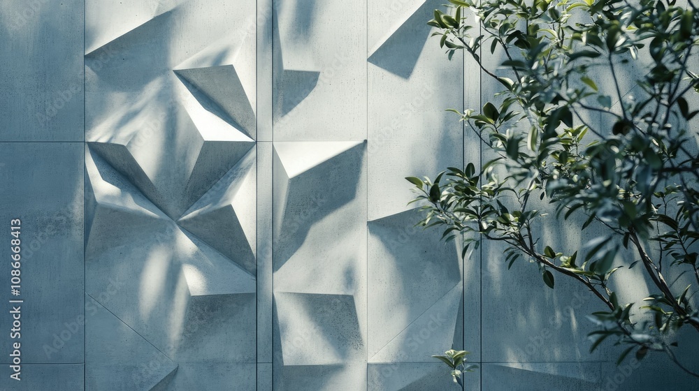 Poster textured concrete wall with geometric patterns and soft shadows cast by nearby greenery, creating a 