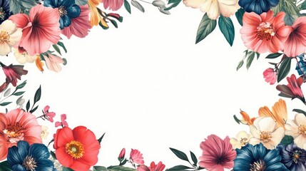 Obraz premium Botanical floral border with vibrant flowers in various colors framing a central white space, viewed from a top perspective in a flat lay style.