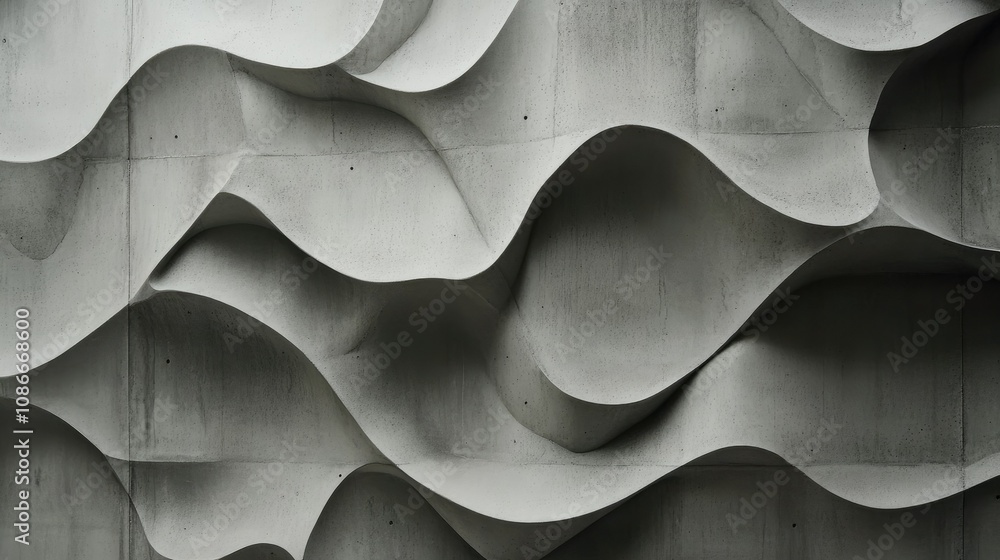 Poster intricate architectural wall design featuring flowing waves and dynamic curves in textured concrete 