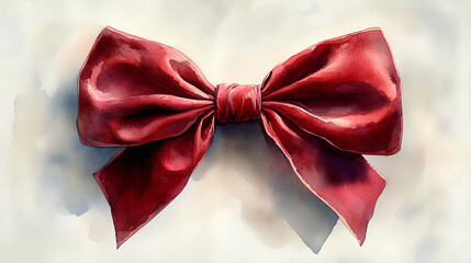 A whimsical watercolor scene of a plush velvet bow in deep red, painted with smooth, flowing ribbons, on a white backdrop