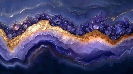 Purple and gold abstract art, with fluid lines, featuring purple agate and sapphire in the background