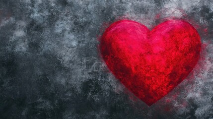 Vibrant pink heart painted on a textured grey concrete wall, showcasing an artistic blend of colors in a panoramic banner format.