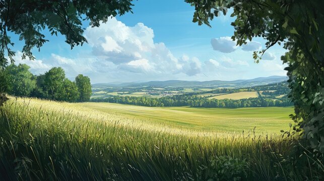 Vibrant green fields framed by trees with sweeping views of rolling hills and a bright blue sky dotted with fluffy clouds