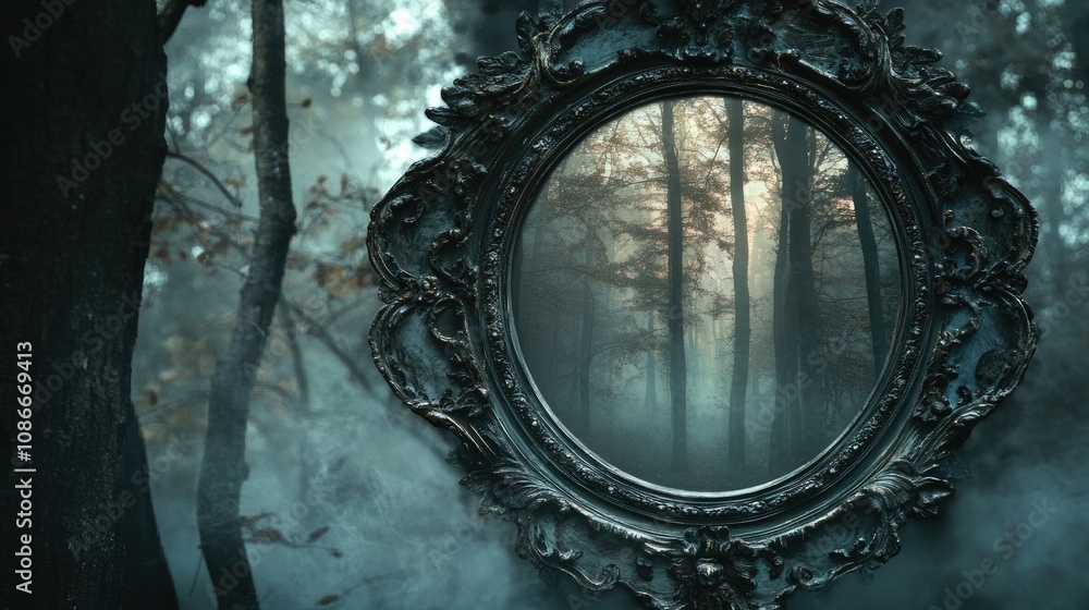 Poster enigmatic forest reflected in an ornate mirror surrounded by mist and trees, capturing an ethereal a