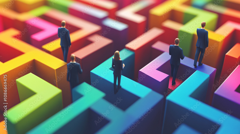 Poster figures in business suits navigating a maze of colorful blocks, symbolizing career challenges and pr