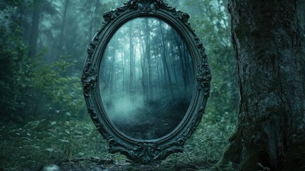 Obraz premium Enchanted Mirror Reflects Mystical Forest Scene with Dense Foliage, Mist, and Eerie Lighting in a Surreal Dreamlike Setting of Nature's Beauty