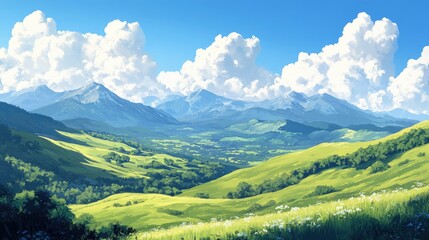 Obraz premium Lush green hills sweep towards majestic mountains beneath a bright blue sky dotted with fluffy white clouds, creating a serene landscape.