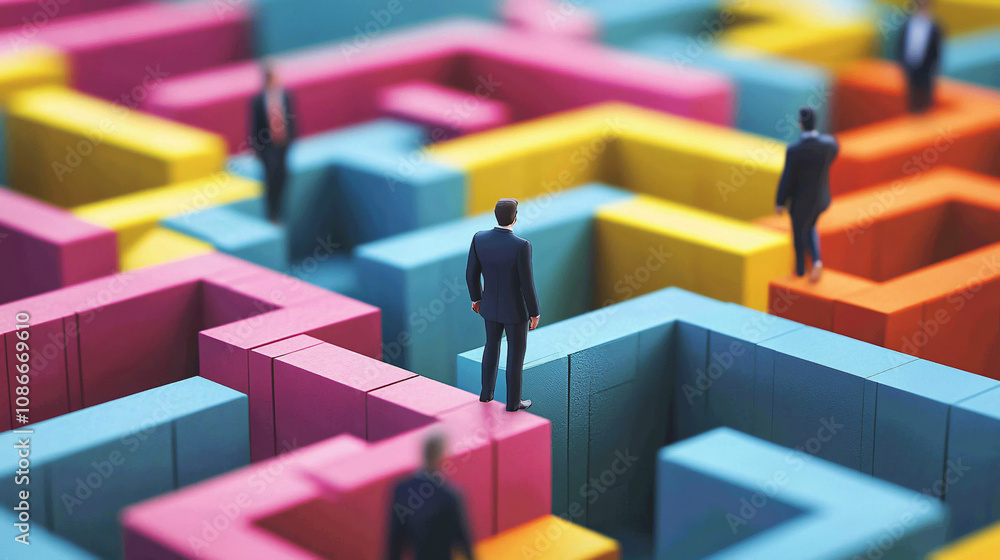 Poster figures in business suits navigating a maze of colorful blocks, symbolizing career challenges and pr