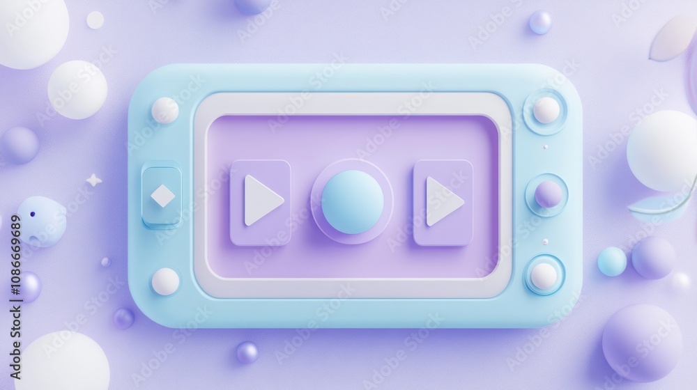 Aufkleber a pastel-colored media control interface with play buttons and decorative spheres.