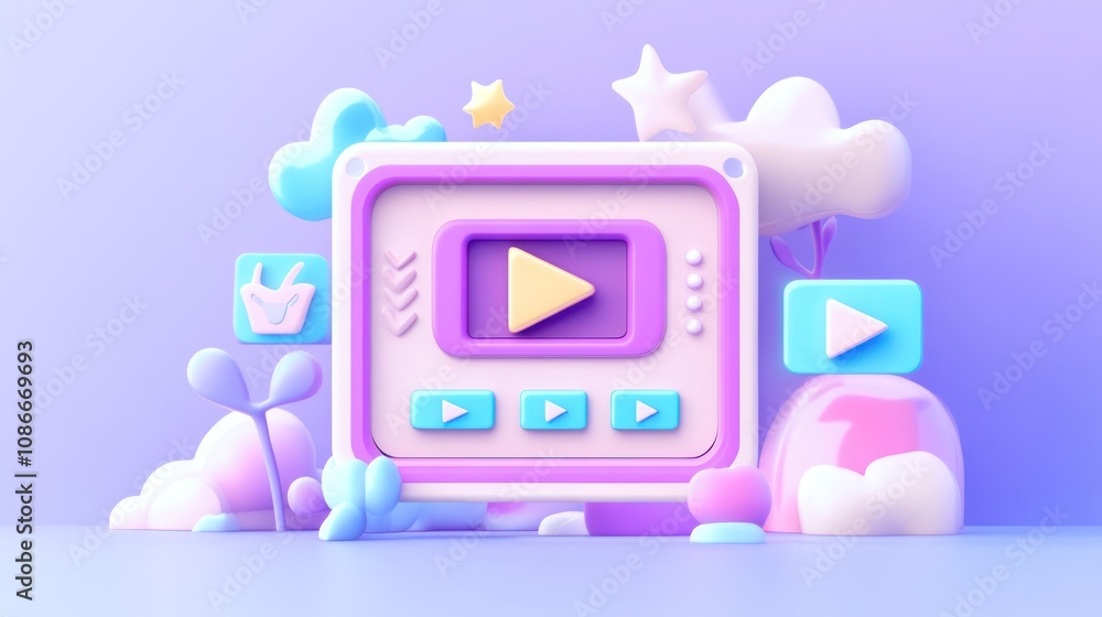 Poster A colorful, playful video player interface with clouds and stars, suggesting digital media.