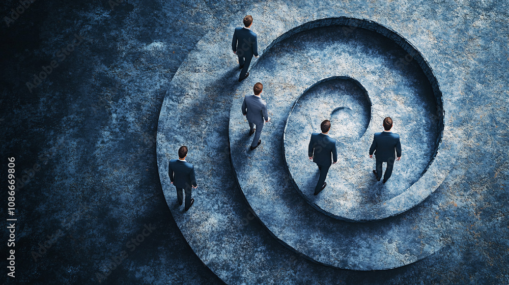 Poster figures in suits moving between rotating circles, each depicting different stages of career developm