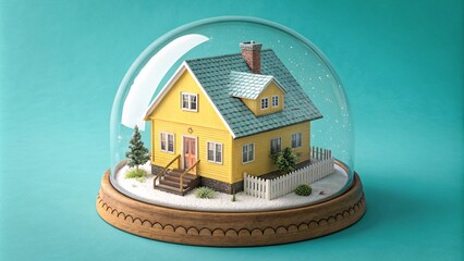 Charming Yellow Cottage Under Glass Dome, A Cozy Winter Scene in Scandinavian Style V6