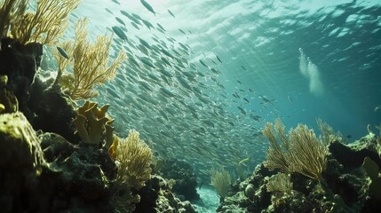 Fototapeta premium School of Fish in a Sunlit Coral Reef