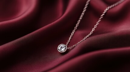 Fototapeta premium Close-Up of Elegant Silver Necklace Featuring a Sparkling Gemstone Set Against a Soft Burgundy Silk Background to Enhance the Luxury and Sophistication of Jewelry Design