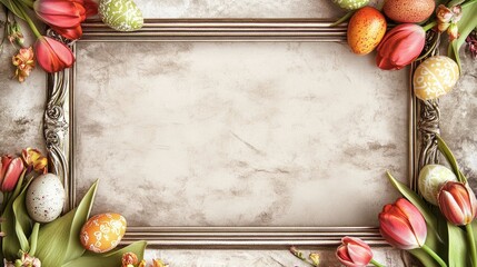 Easter-themed photo frame adorned with vibrant decorative eggs and fresh tulips set against a textured marble stone background.