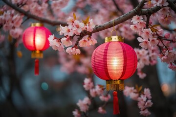 Obraz premium Chinese new year celebration in Asia. Pink, red and golden lantern on Japanese sakura tree for Lunar new year party