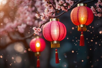 Chinese new year celebration in Asia. Pink, red and golden lantern on Japanese sakura tree for Lunar new year party